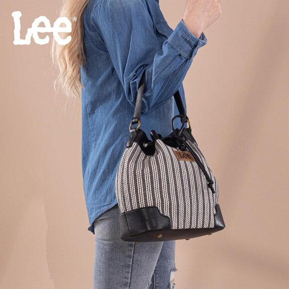Lee Bucket Bag Women Canvas Vegan Leather 2-in-1 Crossbody Casual Tote - Picture 3 of 7